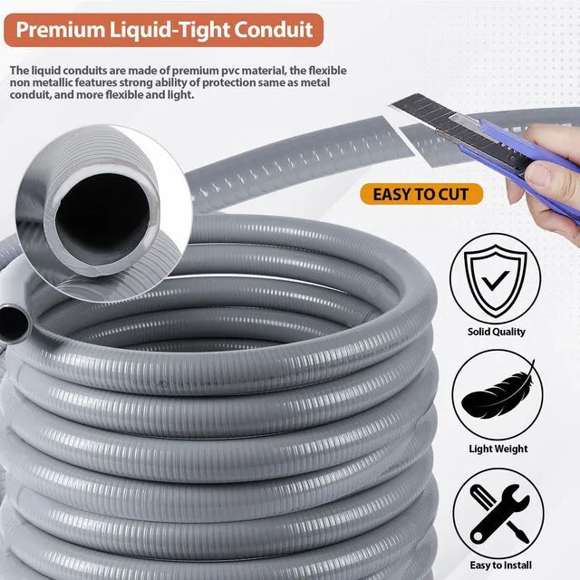 Alt view image 3 of 7 - Liquid-Tight Conduit 1-1/4 inch 25ft w/UL Certification Flexible Electrical Conduit with 5 Straight and 5 90-Degree Conduit Connector Fittings Gray
