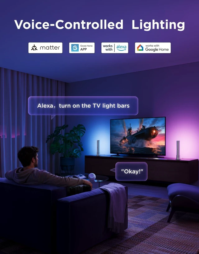 Alt view image 5 of 7 - Smart Light Bar, RGBICWW TV Lights for Living Room, Gaming, Silver Compatible with SmartThings, Matter, Alexa, LED Light Bar with Scene and Music Modes for Living Room, Gaming, PC, App Control