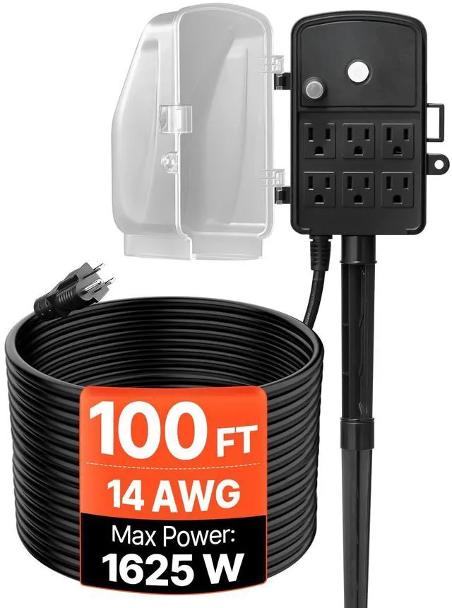 Main image of Outdoor Power Stake Waterproof, 100 FT Extension Cord, Outdoor Power Strip, Weatherproof with Cover and Overload Protection, 6 Outlets, 13A/1625W for Halloween/Christmas Lights Decorations