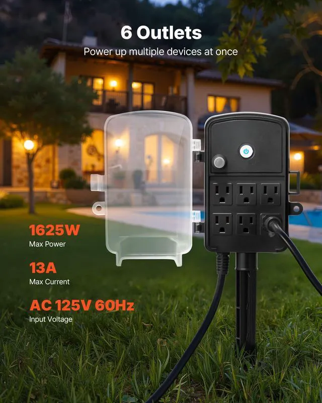 Alt view image 2 of 7 - Outdoor Power Stake Waterproof, 100 FT Extension Cord, Outdoor Power Strip, Weatherproof with Cover and Overload Protection, 6 Outlets, 13A/1625W for Halloween/Christmas Lights Decorations