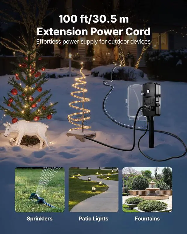 Alt view image 3 of 7 - Outdoor Power Stake Waterproof, 100 FT Extension Cord, Outdoor Power Strip, Weatherproof with Cover and Overload Protection, 6 Outlets, 13A/1625W for Halloween/Christmas Lights Decorations