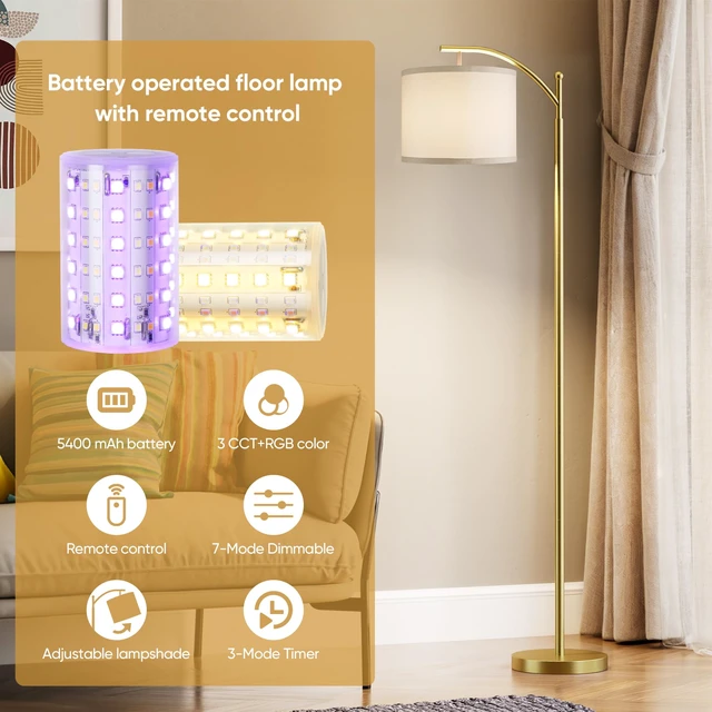 Alt view image 2 of 7 - Battery Operated Floor Lamp, RGB Dimmable Cordless Standing Lamp with Remote Control for Living Room, Tall Floor Lamp for Bedroom -Gold