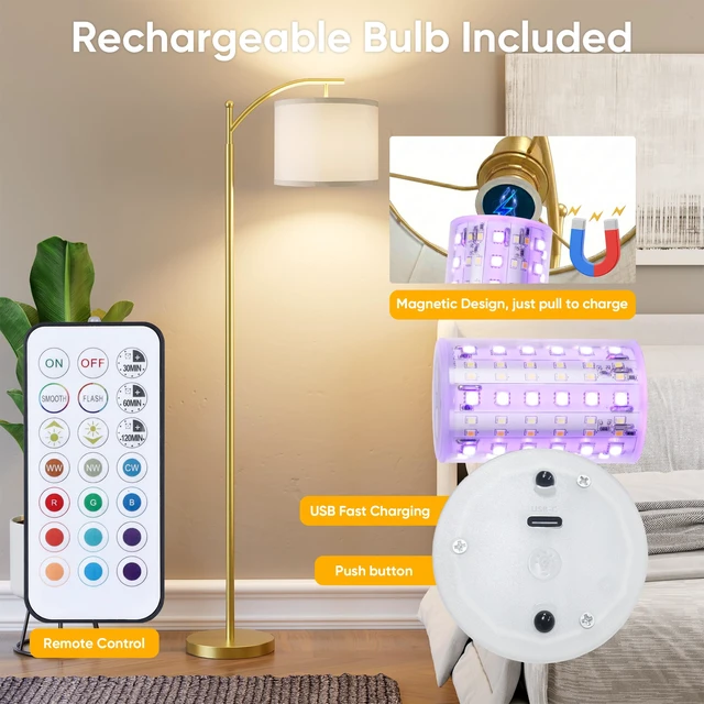 Alt view image 5 of 7 - Battery Operated Floor Lamp, RGB Dimmable Cordless Standing Lamp with Remote Control for Living Room, Tall Floor Lamp for Bedroom -Gold