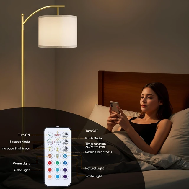 Alt view image 6 of 7 - Battery Operated Floor Lamp, RGB Dimmable Cordless Standing Lamp with Remote Control for Living Room, Tall Floor Lamp for Bedroom -Gold