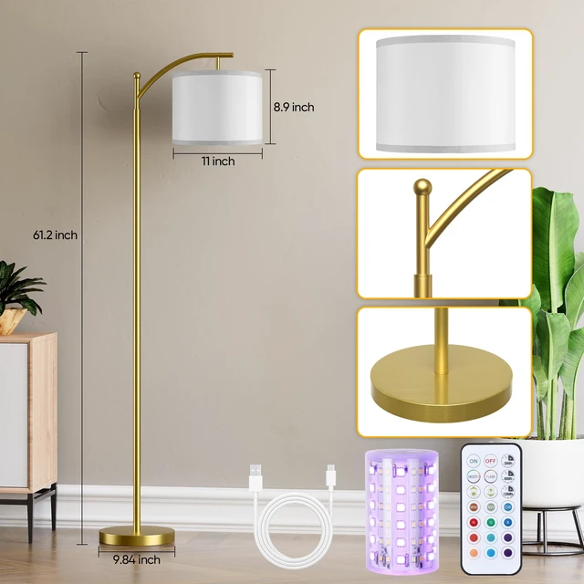 Alt view image 7 of 7 - Battery Operated Floor Lamp, RGB Dimmable Cordless Standing Lamp with Remote Control for Living Room, Tall Floor Lamp for Bedroom -Gold