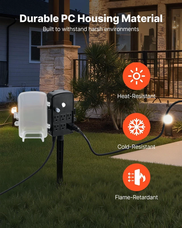 Alt view image 5 of 7 - Outdoor Power Stake Waterproof, 100 FT Extension Cord, Outdoor Power Strip, Weatherproof with Cover and Overload Protection, 6 Outlets, 13A/1625W for Halloween/Christmas Lights Decorations