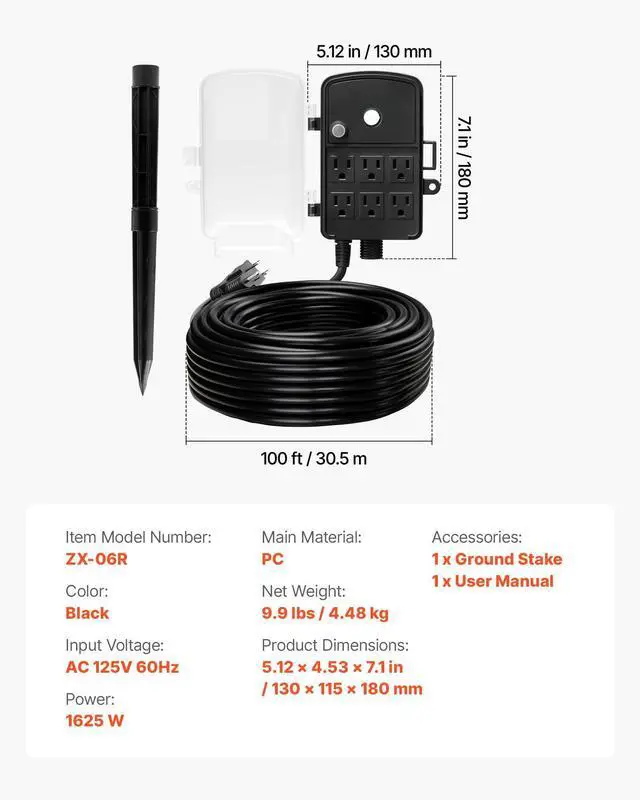 Alt view image 7 of 7 - Outdoor Power Stake Waterproof, 100 FT Extension Cord, Outdoor Power Strip, Weatherproof with Cover and Overload Protection, 6 Outlets, 13A/1625W for Halloween/Christmas Lights Decorations
