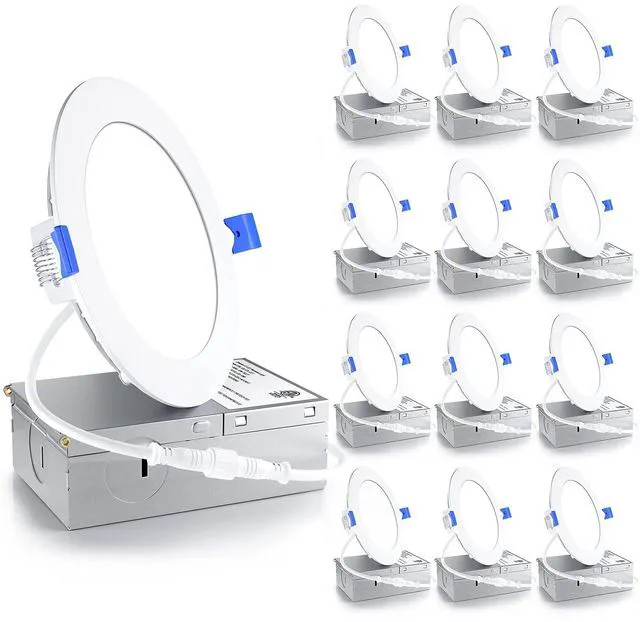 Main image of 12 Pack 4 Inch LED Recessed Light, Dimmable, 5000K Daylight, 750LM High Brightness, 9W 120V, 2 Pin, ERL-9X-ETL, Damp Rated, Ultra-Thin Canless Wafer Ceiling Light - ETL & FCC & IC