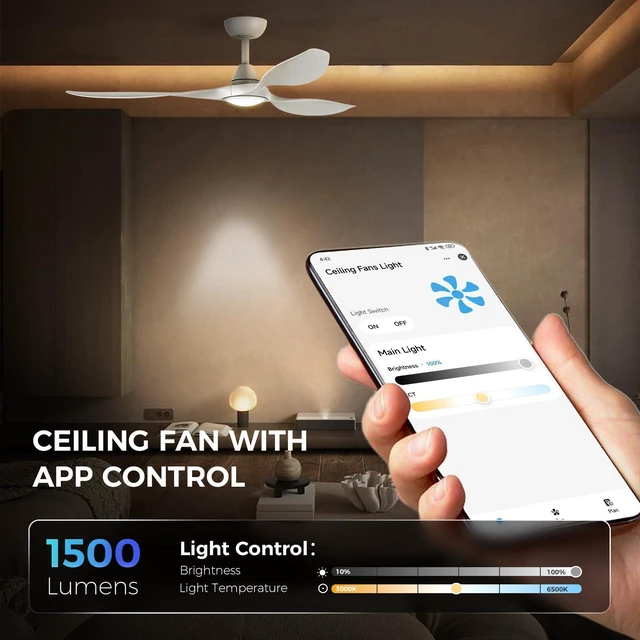 Alt view image 3 of 7 - 52'' Smart Ceiling Fan with Light, Wide Blade Design, Remote APP Control,Reversible,Color Adjustable,Dimmable,Led Light,6 Speeds,3 Timers,Modern,Plastic,Bedrooms, Living rooms,Indoor