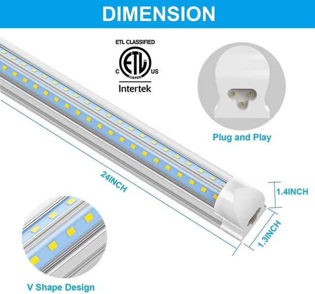 Alt view image 3 of 7 - (6-Pack) LED Shop Lights 2FT, 22W 3300 LM 6500K, V-Shaped Linkable High-Efficiency Under Cabinet Lighting, T8 Shop Light for Workbench, Kitchen, Workshop, Basement, Plug and Play ETL Listed