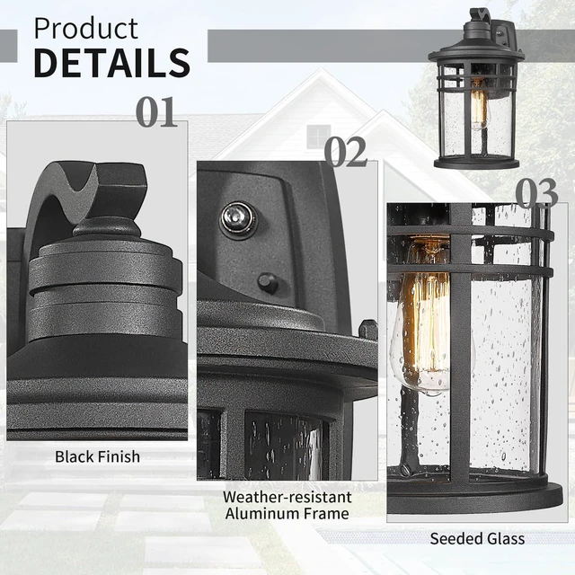 Alt view image 3 of 7 - Dusk to Dawn Outdoor Porch Wall Light,Outside Wall Mounted Light Seeded Glass Exterior Waterproof Lantern 14.57inch Large Modern Wall Sconce Lighting for House Front Door Garage