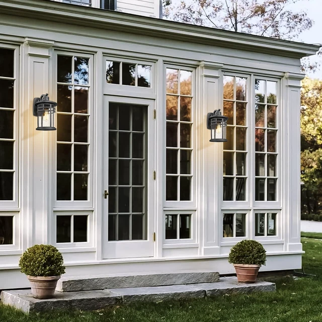 Alt view image 5 of 7 - Dusk to Dawn Outdoor Porch Wall Light,Outside Wall Mounted Light Seeded Glass Exterior Waterproof Lantern 14.57inch Large Modern Wall Sconce Lighting for House Front Door Garage