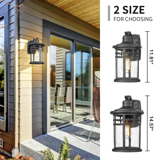 Alt view image 6 of 7 - Dusk to Dawn Outdoor Porch Wall Light,Outside Wall Mounted Light Seeded Glass Exterior Waterproof Lantern 14.57inch Large Modern Wall Sconce Lighting for House Front Door Garage