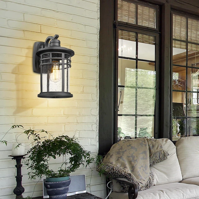Alt view image 7 of 7 - Dusk to Dawn Outdoor Porch Wall Light,Outside Wall Mounted Light Seeded Glass Exterior Waterproof Lantern 14.57inch Large Modern Wall Sconce Lighting for House Front Door Garage