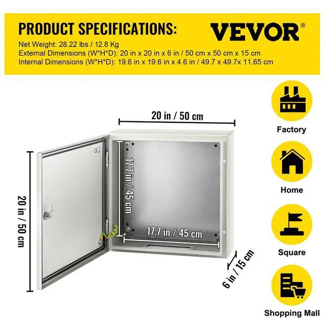 Alt view image 7 of 7 - NEMA Steel Enclosure, 20 x 20 x 6'' NEMA 4X Steel Electrical Box, IP66 Waterproof & Dustproof, Outdoor/Indoor Electrical Junction Box, with Mounting Plate