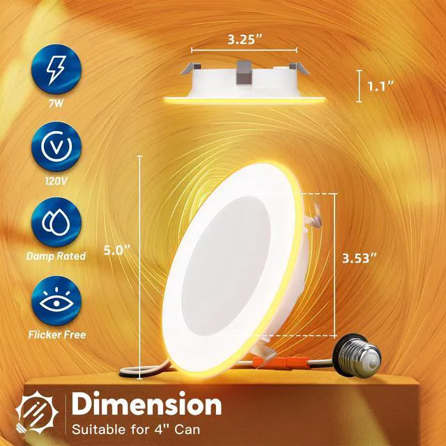 Alt view image 7 of 7 - 12 Pack 4 Inch 5CCT LED Recessed Lighting with Night Light 2700K/3000K/4000K/5000K/6000K Selectable,Dimmable Retrofit Flat Can Lights, 700LM,7W, IC & Damp Rated, ETL & FCC