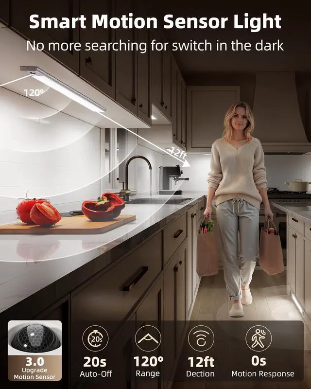 Alt view image 3 of 7 - 5-Pack Under Cabinet Lighting, 4000mAh Rechargeable Motion Sensor Light, 16.5inch Magnetic Closet Lights with Dimmable & 3 Color Temps, Wireless Motion Activated Lights with Remote for Kitchen