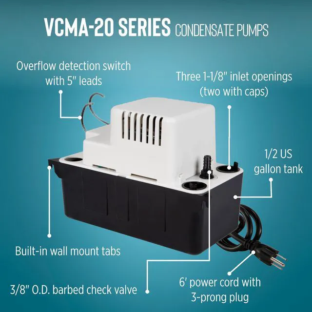 Alt view image 3 of 7 - VCMA-20ULS 115 Volt, 80 GPH, 1/30 HP Automatic Condensate Removal Pump for HVAC/Refrigeration Systems/Dehumidifiers with Overflow Detection Switch and 6-Foot Cord, White/Black, 554425