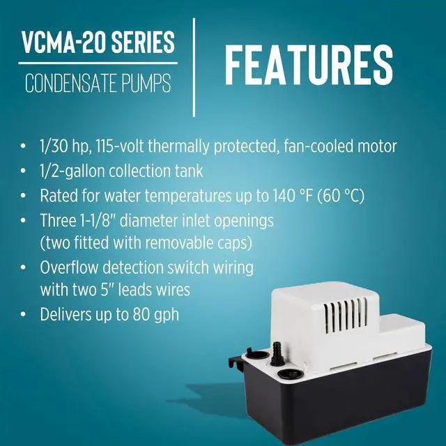 Alt view image 4 of 7 - VCMA-20ULS 115 Volt, 80 GPH, 1/30 HP Automatic Condensate Removal Pump for HVAC/Refrigeration Systems/Dehumidifiers with Overflow Detection Switch and 6-Foot Cord, White/Black, 554425