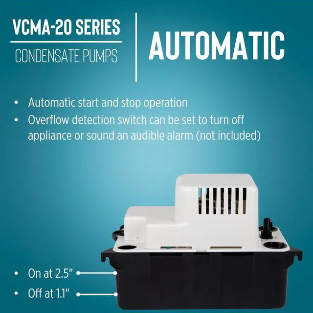 Alt view image 5 of 7 - VCMA-20ULS 115 Volt, 80 GPH, 1/30 HP Automatic Condensate Removal Pump for HVAC/Refrigeration Systems/Dehumidifiers with Overflow Detection Switch and 6-Foot Cord, White/Black, 554425