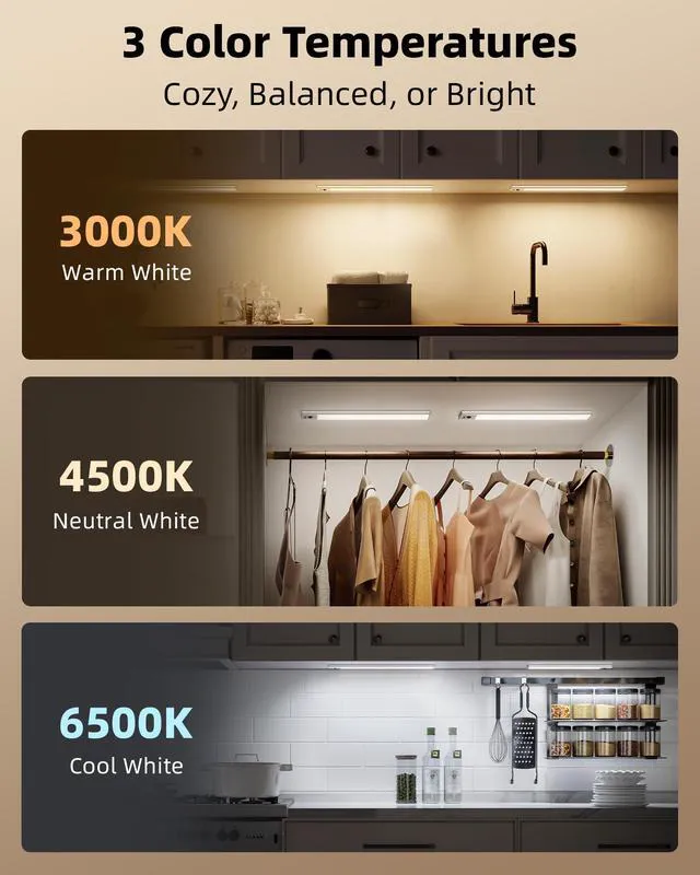Alt view image 7 of 7 - 5-Pack Under Cabinet Lighting, 4000mAh Rechargeable Motion Sensor Light, 16.5inch Magnetic Closet Lights with Dimmable & 3 Color Temps, Wireless Motion Activated Lights with Remote for Kitchen