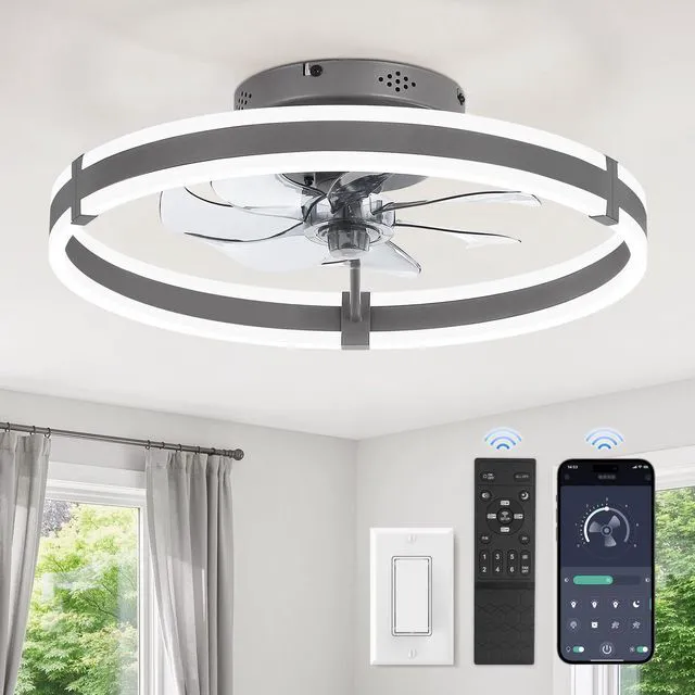 Main image of Low Profile 19.7'' Ceiling Fans with Lights and Remote, Gray 3000-6000K Dimmable LED Fandelier, Quiet DC Motor, Reversible Airflow, 6 Wind Speeds, Timer, Bedroom, Living Room, Kitchen