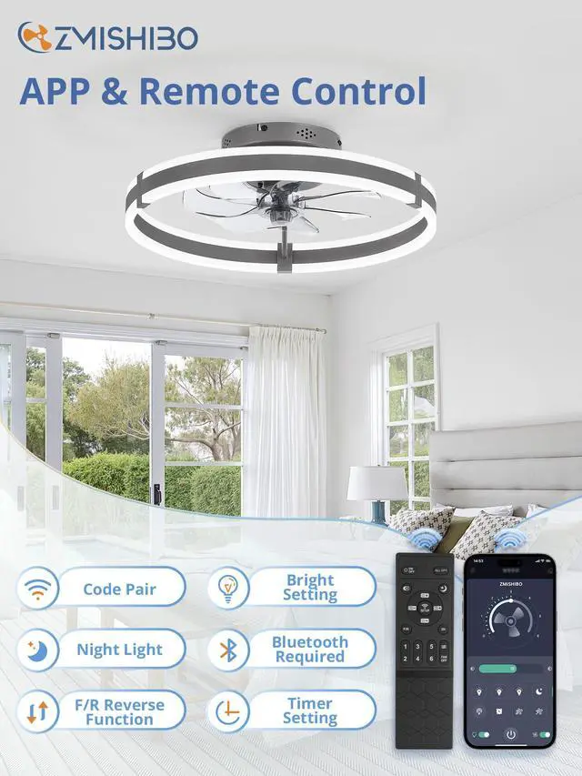 Alt view image 5 of 7 - Low Profile 19.7'' Ceiling Fans with Lights and Remote, Gray 3000-6000K Dimmable LED Fandelier, Quiet DC Motor, Reversible Airflow, 6 Wind Speeds, Timer, Bedroom, Living Room, Kitchen
