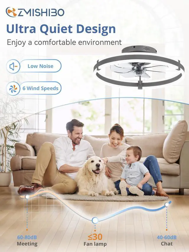 Alt view image 3 of 7 - Low Profile 19.7'' Ceiling Fans with Lights and Remote, Gray 3000-6000K Dimmable LED Fandelier, Quiet DC Motor, Reversible Airflow, 6 Wind Speeds, Timer, Bedroom, Living Room, Kitchen