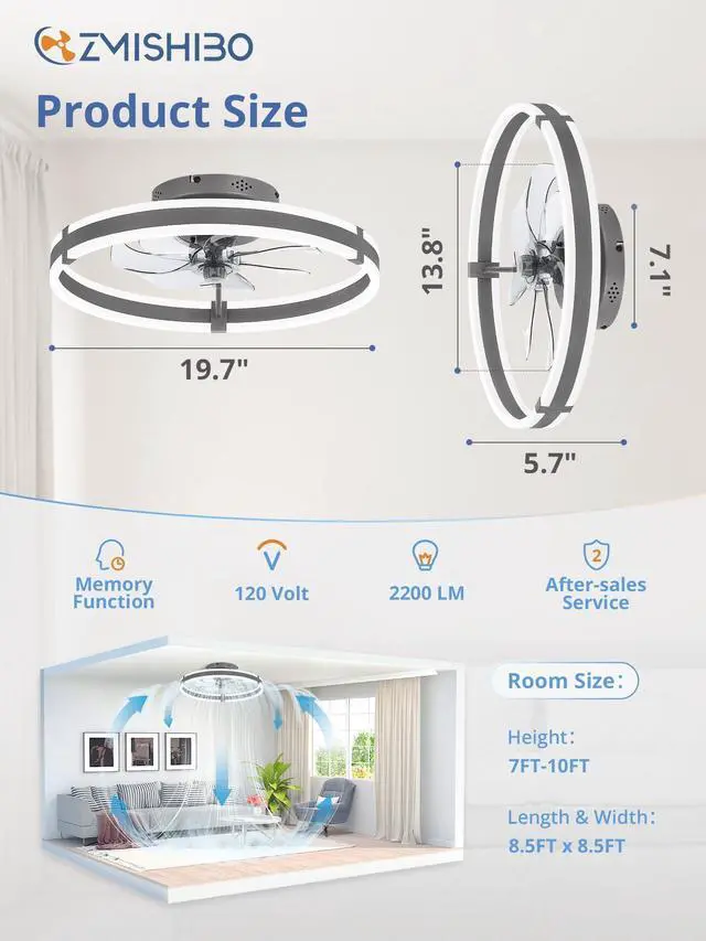 Alt view image 6 of 7 - Low Profile 19.7'' Ceiling Fans with Lights and Remote, Gray 3000-6000K Dimmable LED Fandelier, Quiet DC Motor, Reversible Airflow, 6 Wind Speeds, Timer, Bedroom, Living Room, Kitchen
