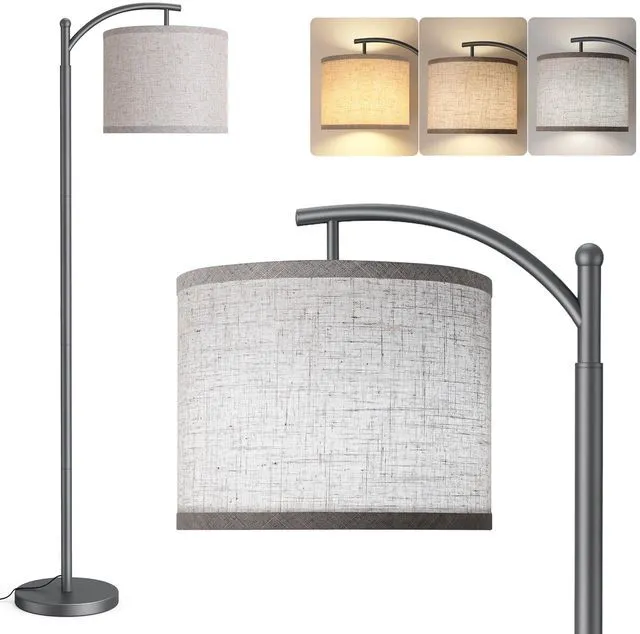 Main image of Floor Lamp for Living Room with 3 Color Temperatures LED Bulb, Standing Lamp Tall Industrial Floor Lamp Reading for Bedroom, Office (9W LED Bulb, Beige Lampshade Included) -Grey