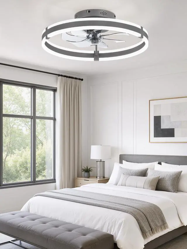 Alt view image 7 of 7 - Low Profile 19.7'' Ceiling Fans with Lights and Remote, Gray 3000-6000K Dimmable LED Fandelier, Quiet DC Motor, Reversible Airflow, 6 Wind Speeds, Timer, Bedroom, Living Room, Kitchen