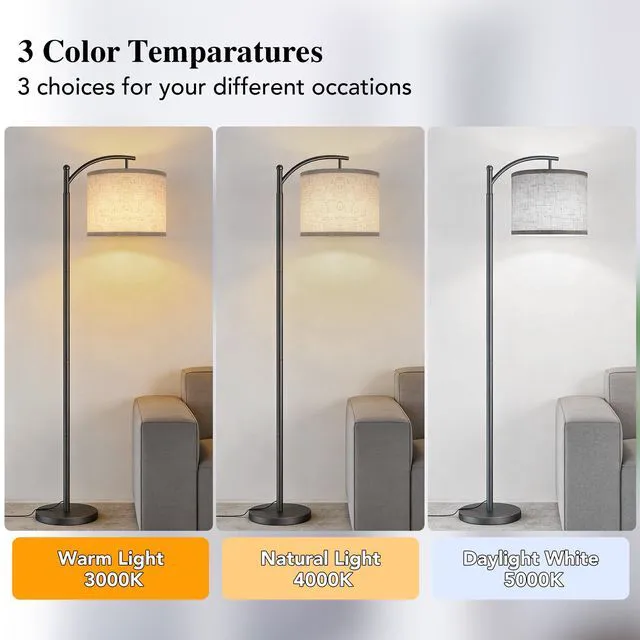 Alt view image 2 of 7 - Floor Lamp for Living Room with 3 Color Temperatures LED Bulb, Standing Lamp Tall Industrial Floor Lamp Reading for Bedroom, Office (9W LED Bulb, Beige Lampshade Included) -Grey