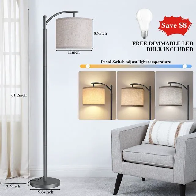 Alt view image 3 of 7 - Floor Lamp for Living Room with 3 Color Temperatures LED Bulb, Standing Lamp Tall Industrial Floor Lamp Reading for Bedroom, Office (9W LED Bulb, Beige Lampshade Included) -Grey