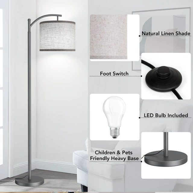Alt view image 5 of 7 - Floor Lamp for Living Room with 3 Color Temperatures LED Bulb, Standing Lamp Tall Industrial Floor Lamp Reading for Bedroom, Office (9W LED Bulb, Beige Lampshade Included) -Grey
