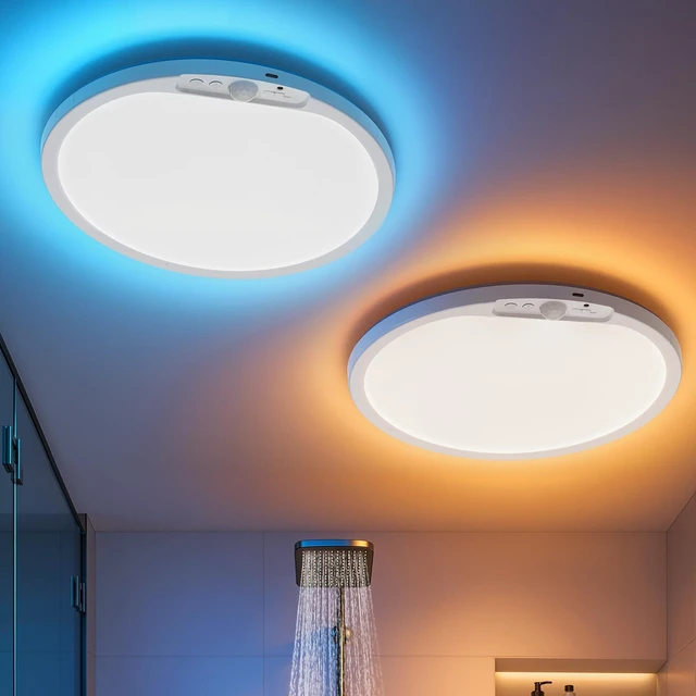 Main image of Wireless Shower Light Waterproof Battery Ceiling Lamp with Remote 2 Pack 10000mAh RGB Back Mood Lighting for Bathroom, 11.8Inch 480LM Bright Overhead Light Magnetic Stick on Hallway Pantry