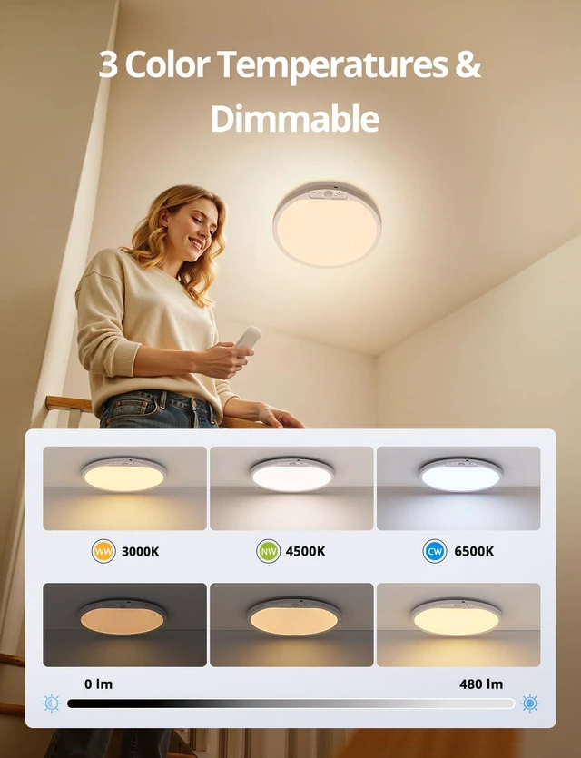 Alt view image 6 of 7 - Wireless Shower Light Waterproof Battery Ceiling Lamp with Remote 2 Pack 10000mAh RGB Back Mood Lighting for Bathroom, 11.8Inch 480LM Bright Overhead Light Magnetic Stick on Hallway Pantry