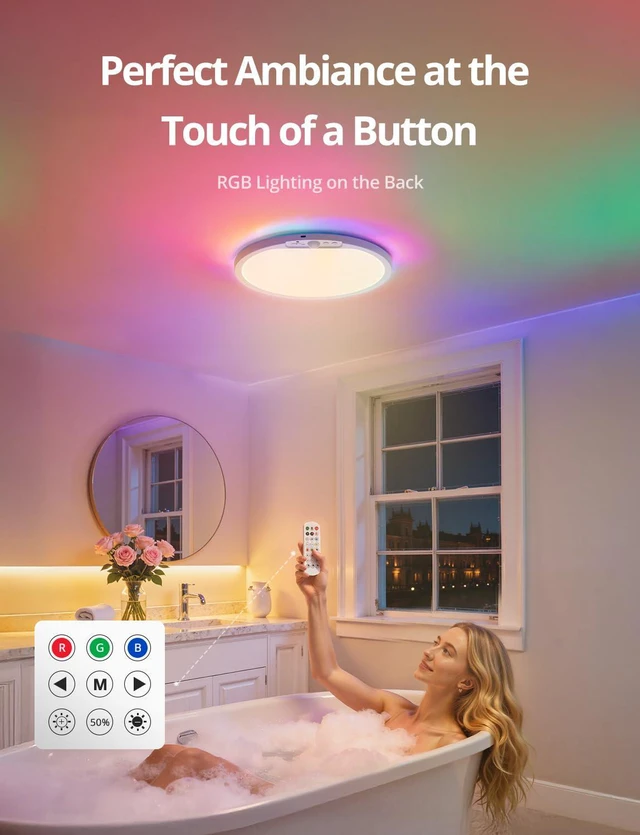 Alt view image 7 of 7 - Wireless Shower Light Waterproof Battery Ceiling Lamp with Remote 2 Pack 10000mAh RGB Back Mood Lighting for Bathroom, 11.8Inch 480LM Bright Overhead Light Magnetic Stick on Hallway Pantry