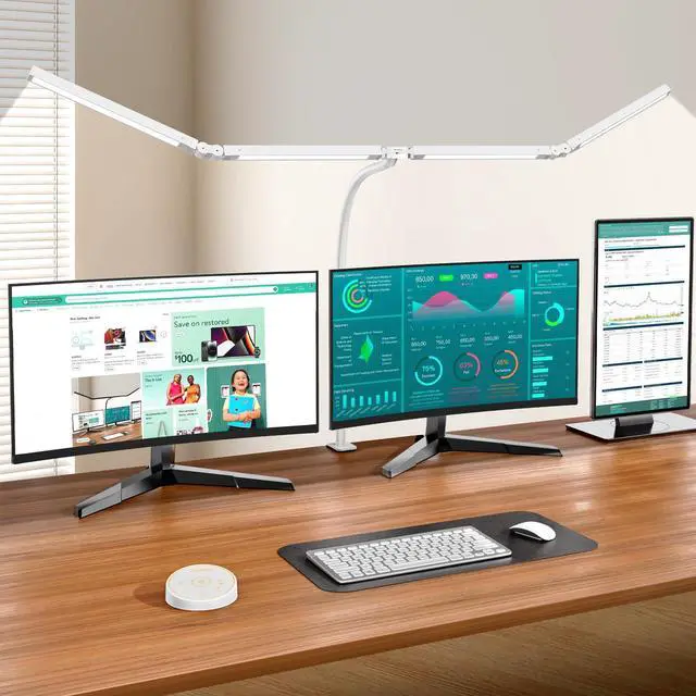 Main image of Led Desk Lamp with Clamp: Architect Desk Lamp for Home Office, Eye Caring Double Head Computer Monitor Work Desk Light with Remote Control - 24W Flexible Dimmable Desktop Table Lamp White