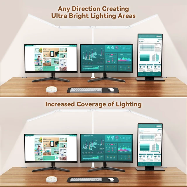 Alt view image 2 of 7 - Led Desk Lamp with Clamp: Architect Desk Lamp for Home Office, Eye Caring Double Head Computer Monitor Work Desk Light with Remote Control - 24W Flexible Dimmable Desktop Table Lamp White