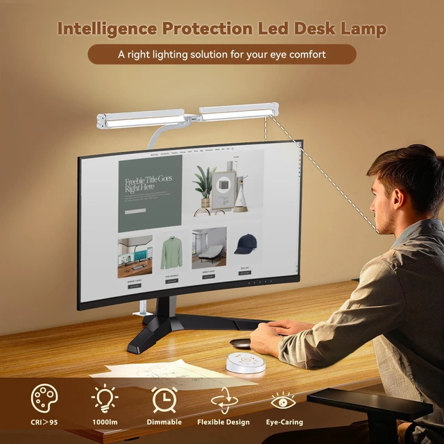 Alt view image 3 of 7 - Led Desk Lamp with Clamp: Architect Desk Lamp for Home Office, Eye Caring Double Head Computer Monitor Work Desk Light with Remote Control - 24W Flexible Dimmable Desktop Table Lamp White