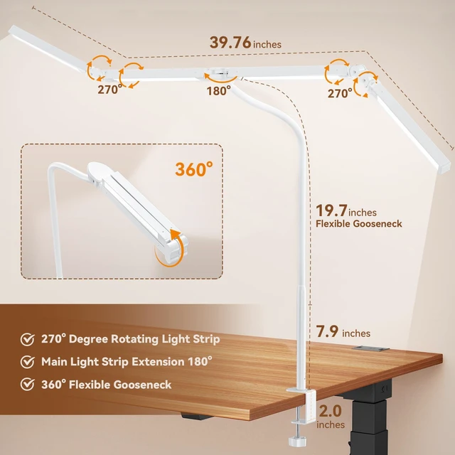 Alt view image 7 of 7 - Led Desk Lamp with Clamp: Architect Desk Lamp for Home Office, Eye Caring Double Head Computer Monitor Work Desk Light with Remote Control - 24W Flexible Dimmable Desktop Table Lamp White