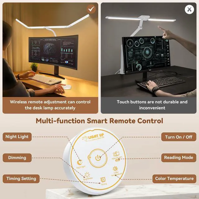 Alt view image 5 of 7 - Led Desk Lamp with Clamp: Architect Desk Lamp for Home Office, Eye Caring Double Head Computer Monitor Work Desk Light with Remote Control - 24W Flexible Dimmable Desktop Table Lamp White