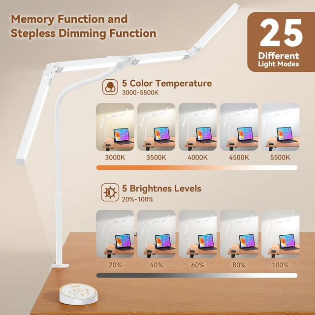 Alt view image 6 of 7 - Led Desk Lamp with Clamp: Architect Desk Lamp for Home Office, Eye Caring Double Head Computer Monitor Work Desk Light with Remote Control - 24W Flexible Dimmable Desktop Table Lamp White