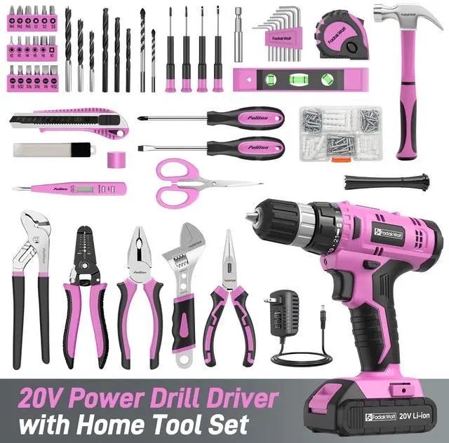 Alt view image 2 of 7 - 20V Cordless Drill Set with Battery, Charger & Carrying Bag, 30N Torque Power Drill/Driver Kit, 21+1 Clutch Settings, 3/8" Keyless Chuck, LED Light, Driver Bits(Pink)