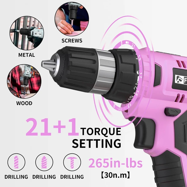 Alt view image 3 of 7 - 20V Cordless Drill Set with Battery, Charger & Carrying Bag, 30N Torque Power Drill/Driver Kit, 21+1 Clutch Settings, 3/8" Keyless Chuck, LED Light, Driver Bits(Pink)