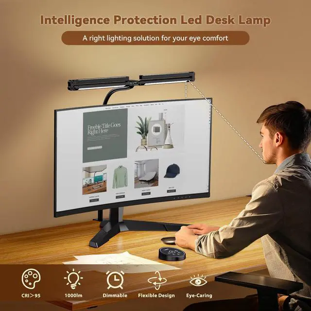 Alt view image 3 of 7 - Led Desk Lamps for Home Office - Eye Caring Architect Lamp with Clamp, Double Head Computer Monitor Work Desk Light with Remote Control: 24W Flexible Dimmable Desktop Table Lamp