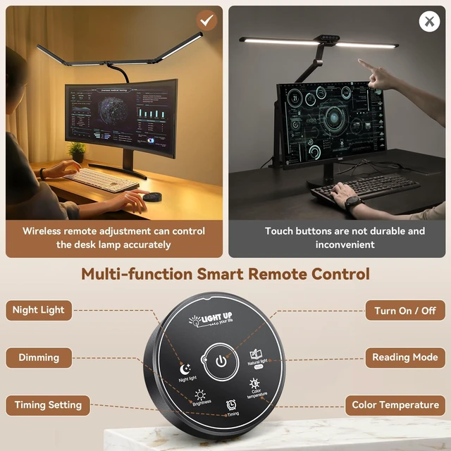 Alt view image 5 of 7 - Led Desk Lamps for Home Office - Eye Caring Architect Lamp with Clamp, Double Head Computer Monitor Work Desk Light with Remote Control: 24W Flexible Dimmable Desktop Table Lamp
