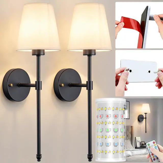 Main image of Battery Operated Wall Sconce, Peel and Stick Sconces Set of 2 Wireless Adhesive Stick On Wall Sconce, 10000mAh Rechargeable RGB Bulb with Remote, No Drill Wall Light for Bedroom Decor