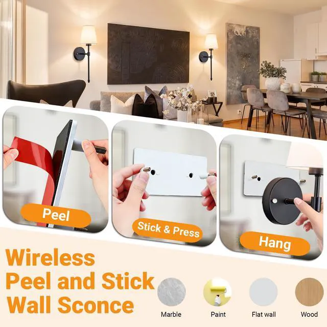 Alt view image 3 of 7 - Battery Operated Wall Sconce, Peel and Stick Sconces Set of 2 Wireless Adhesive Stick On Wall Sconce, 10000mAh Rechargeable RGB Bulb with Remote, No Drill Wall Light for Bedroom Decor
