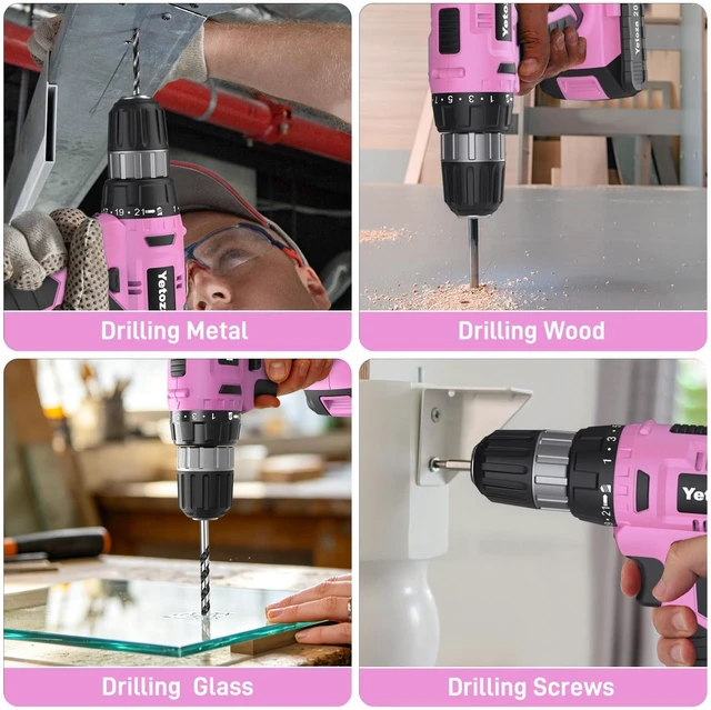 Alt view image 6 of 7 - 20V Cordless Drill Set with Battery, Charger & Carrying Bag, 30N Torque Power Drill/Driver Kit, 21+1 Clutch Settings, 3/8" Keyless Chuck, LED Light, Driver Bits(Pink)